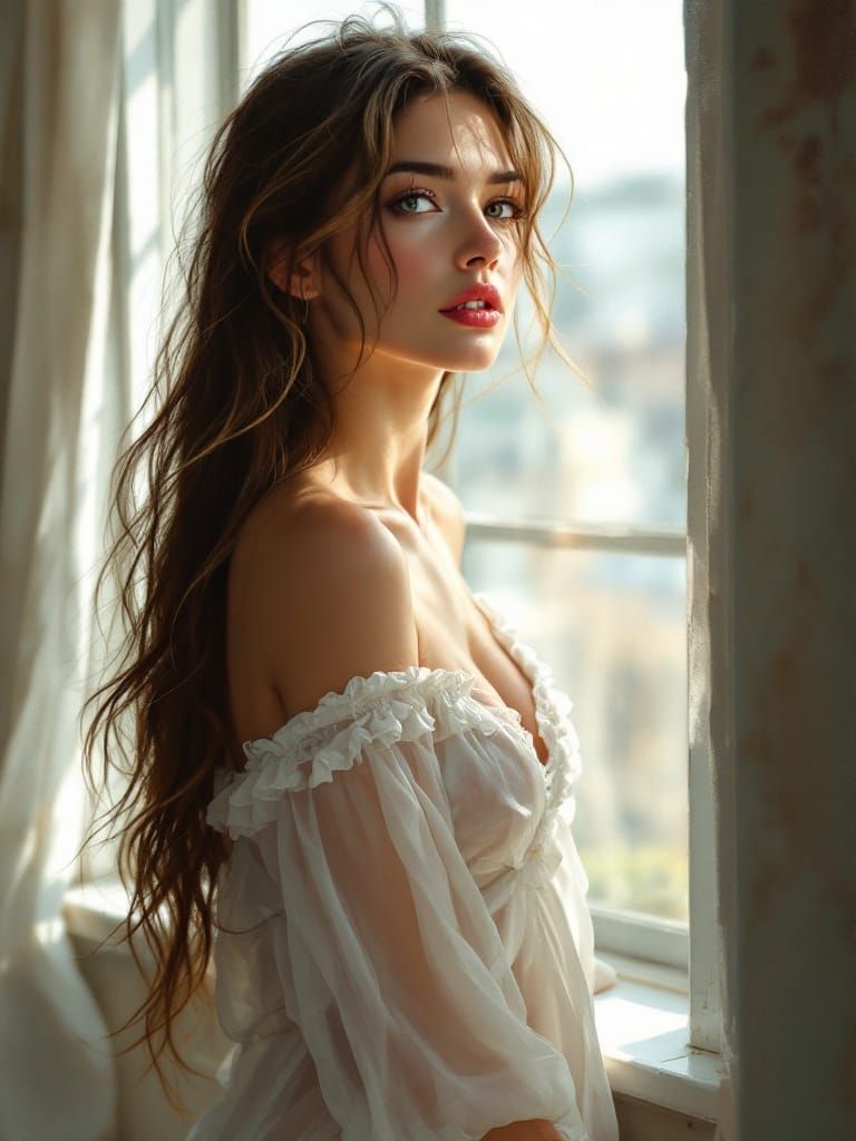 Woman Gazing Out Window in Soft Light