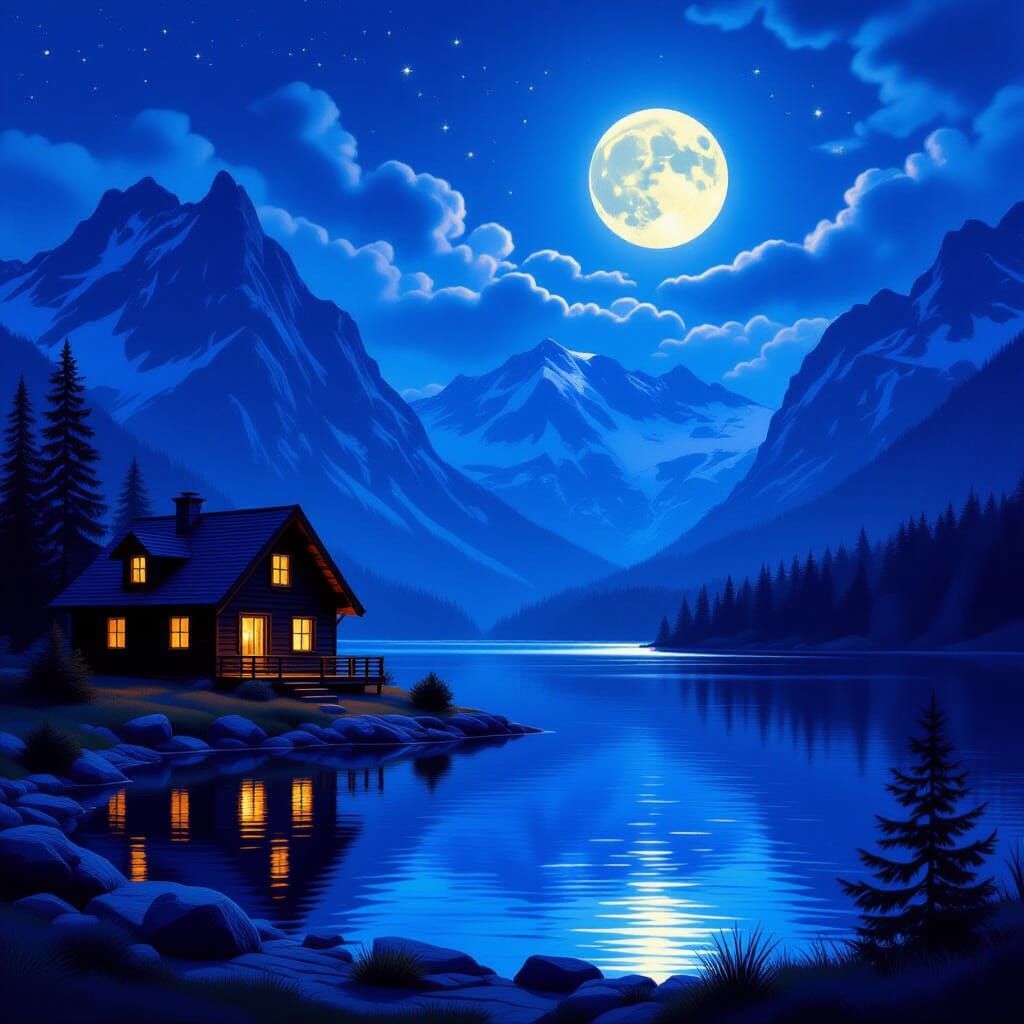 Moonlit Cabin by Lake: Mountains and Serene Night