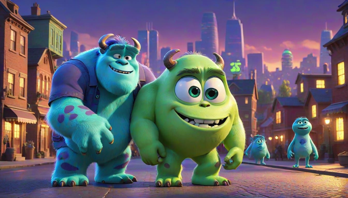 Sulley and Mike in Vibrant Cityscape - Pixar-Inspired 3D Ani...