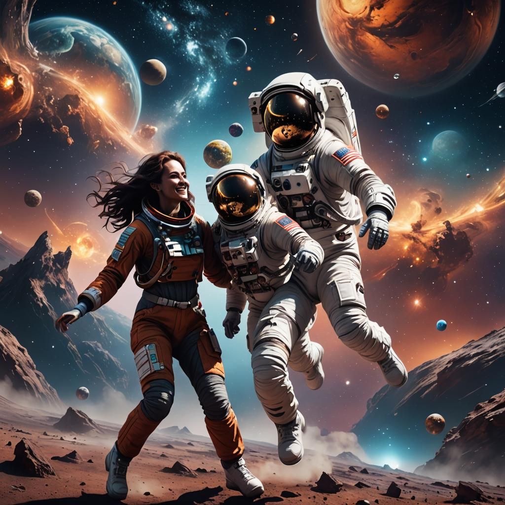 Astronaut and Wife Dancing in Space, Digital Art