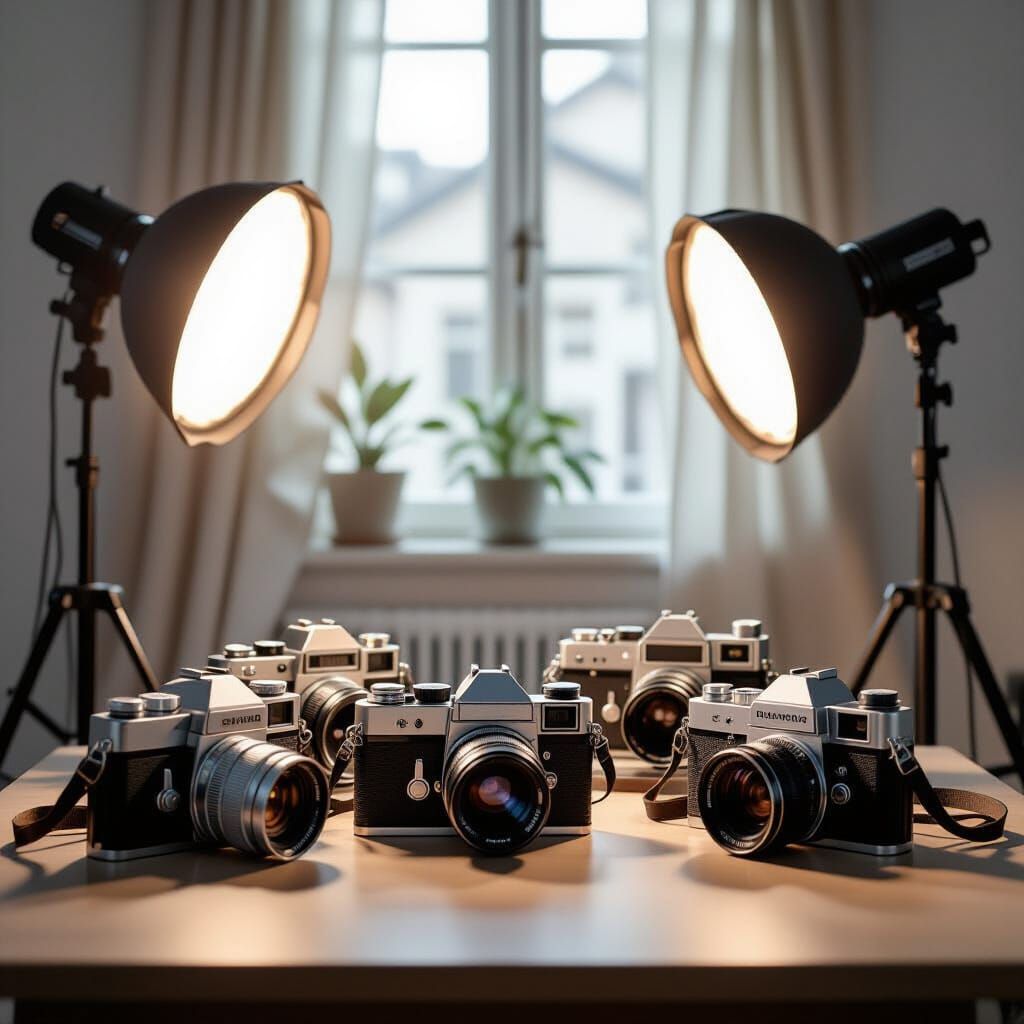 Vintage Film Cameras in Hyperrealistic Studio Lighting