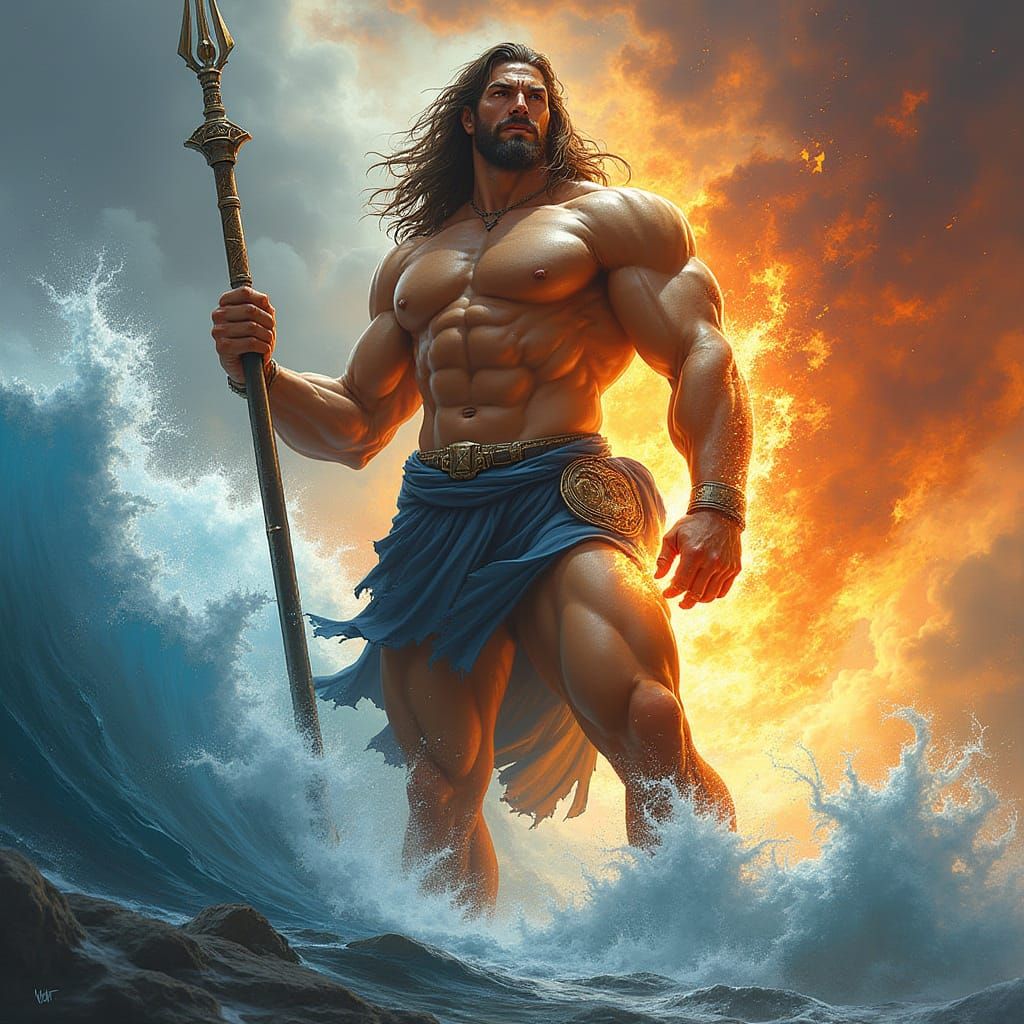 Giant Greek God of Fire and Water in Heroic Pose