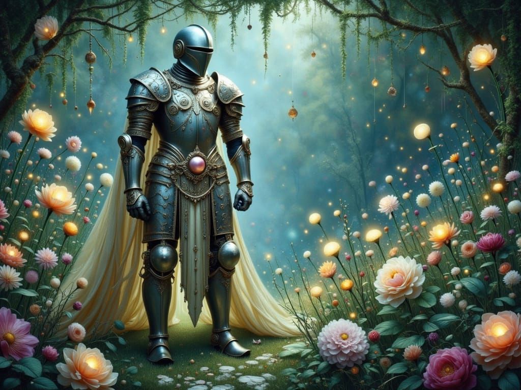 Knight in Enchanted Armor Guards Mystical Garden