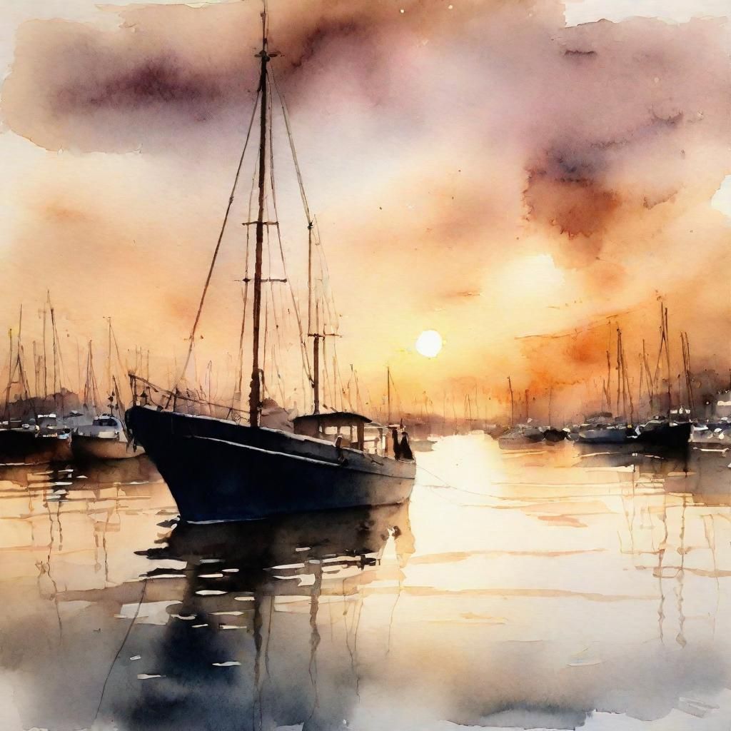Warm Winter Harbour Scene in Soft Watercolour Style
