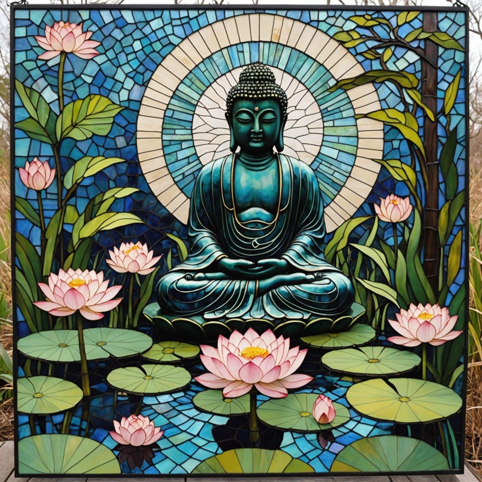 Stained glass mosaic, Buddha Garden, lotus, pond, iridescent...