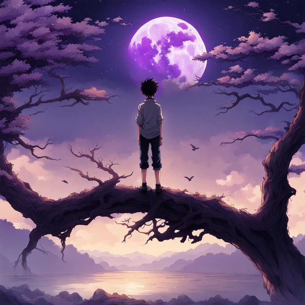 Anime Style: Boy in Tree Watching Purple Moon