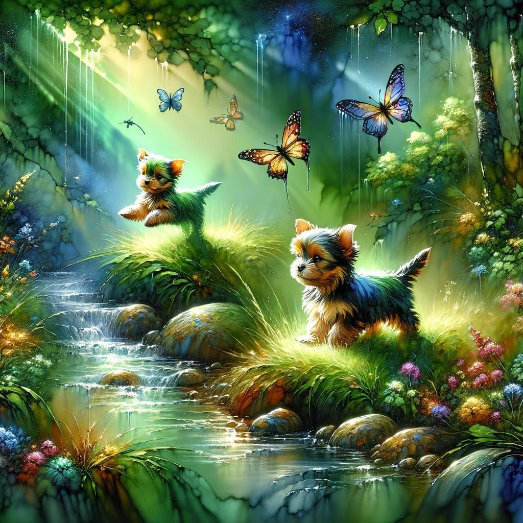 Two Yorkshire Puppies Play in Enchanted Forests