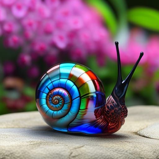 Glass Snail with Colorful Beads in Flower Garden