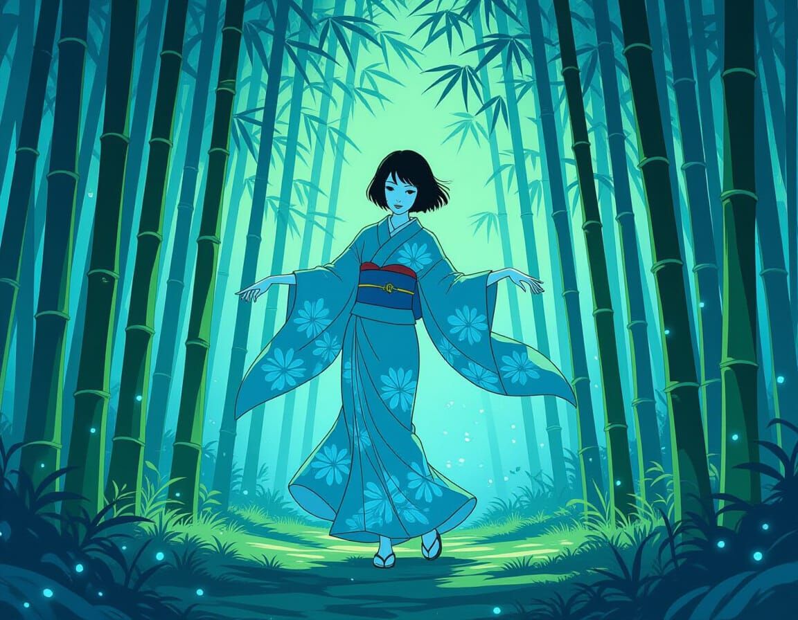 Ethereal Ghostly Woman Dancing in Bioluminescent Bamboo Fore...