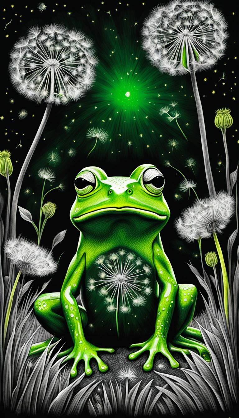 Green frog  beneath dandelions Kids Crayon drawings ,surreal child's drawing  dandelion trees , rayograph , photogram, g...