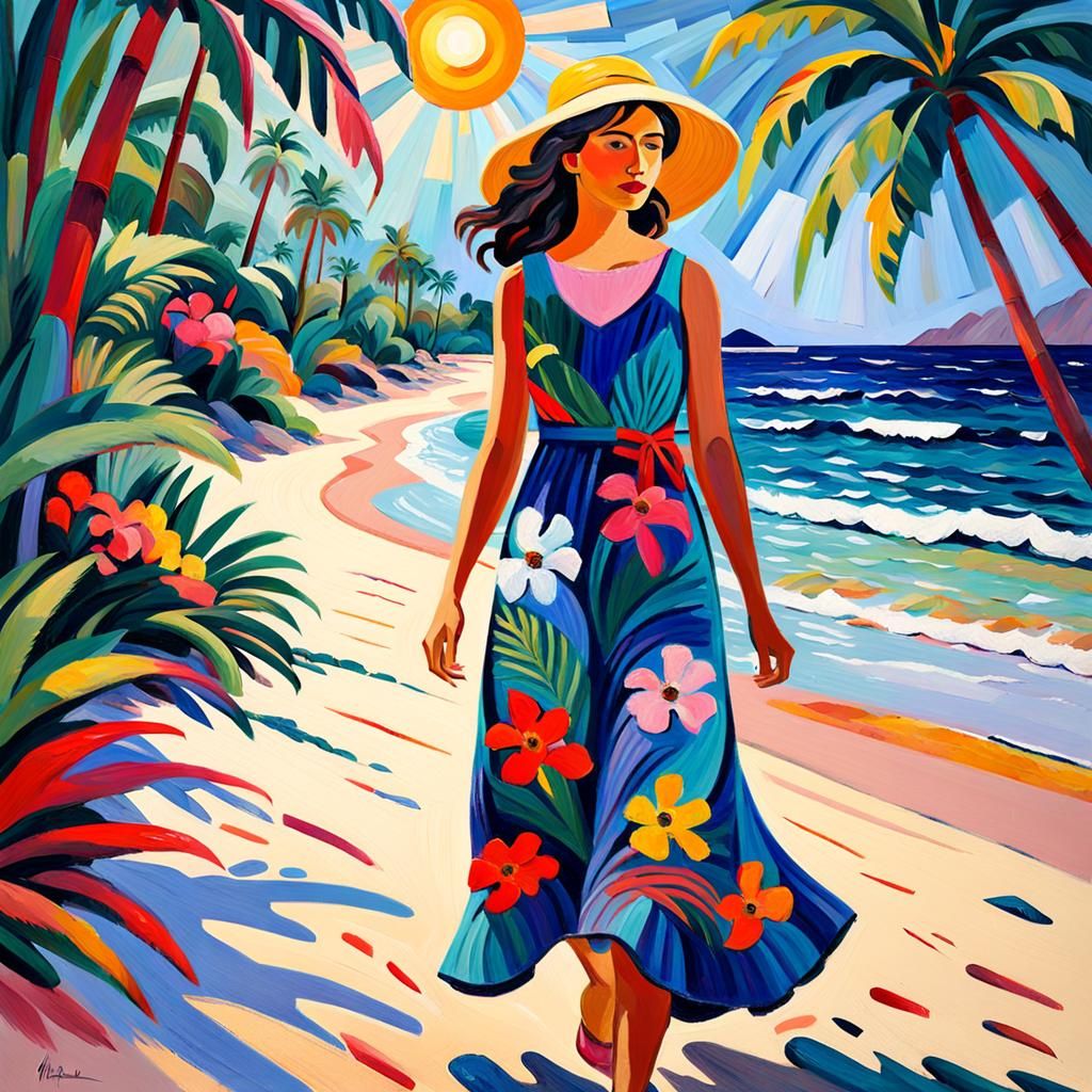 Woman on Tropical Beach in Fauvist Neo-Impressionism