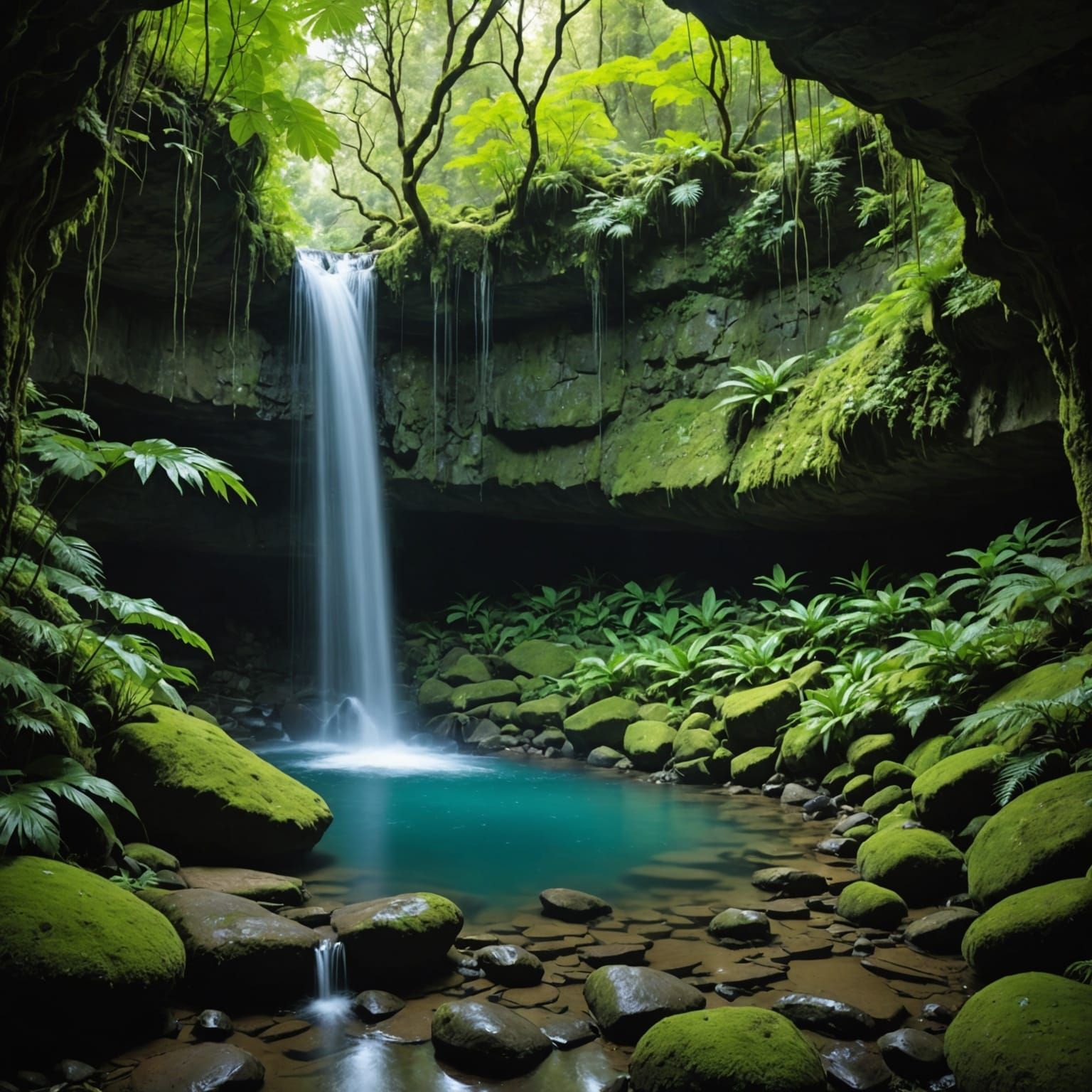 Hidden Grotto Waterfall with Bioluminescent Flora