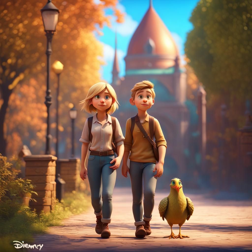 Children by Turul Bird Statue: Pixar-Style 3D Art