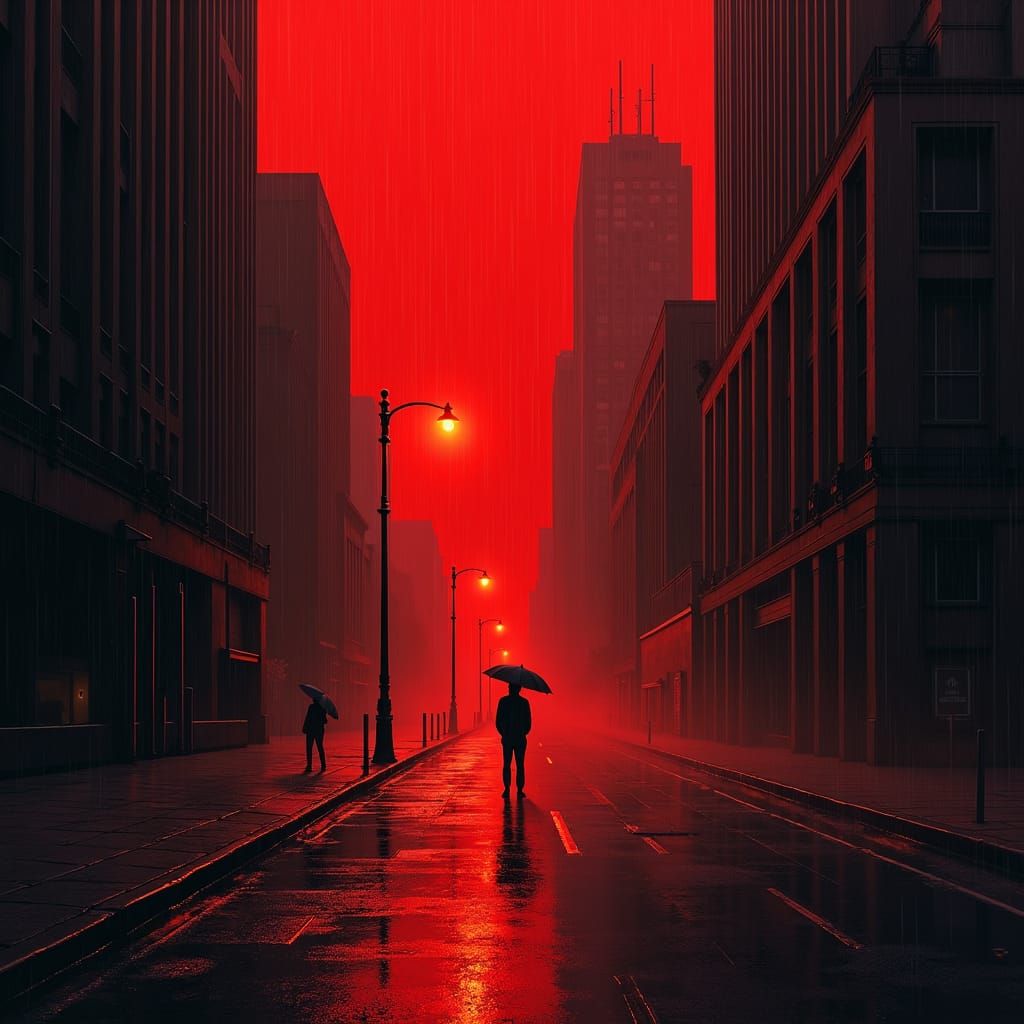 A desolate cityscape stretches out under a pitch-black sky, ...