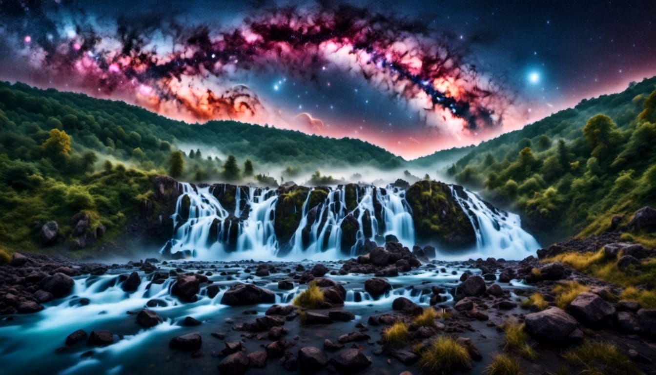 Celestial Waterfall: Galaxy and Starfall in Ethereal Cascade