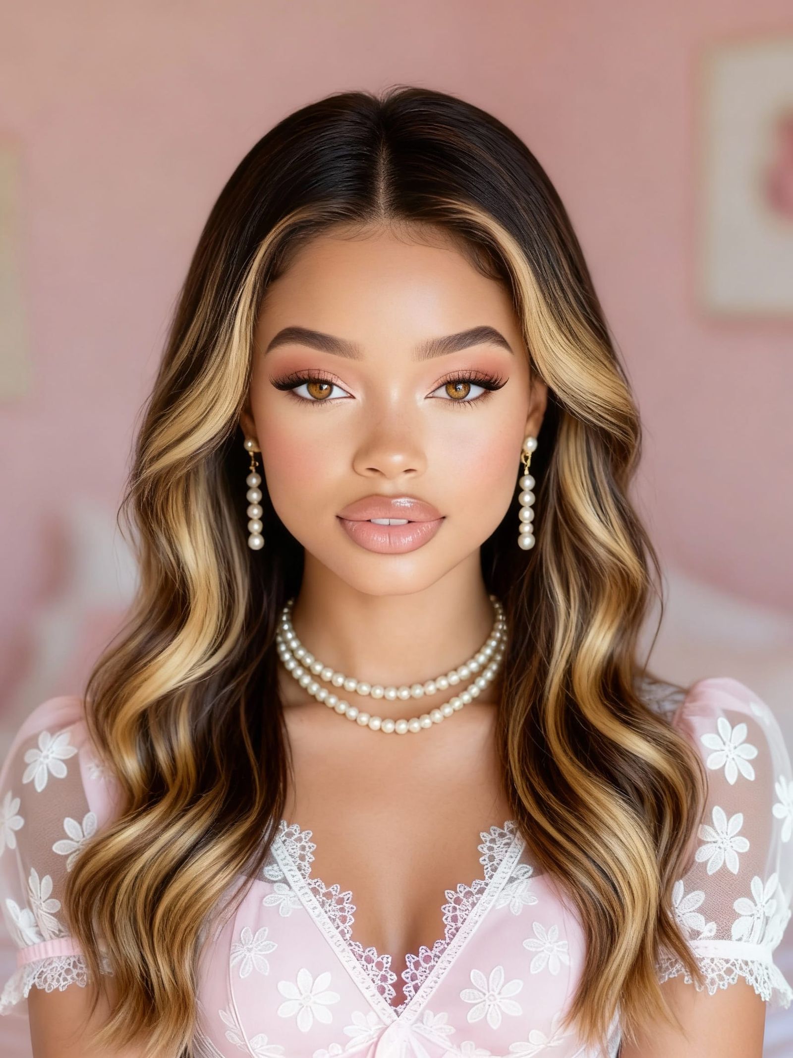 Woman with Balayage Hair, Hazel Eyes, and Lighter Skin