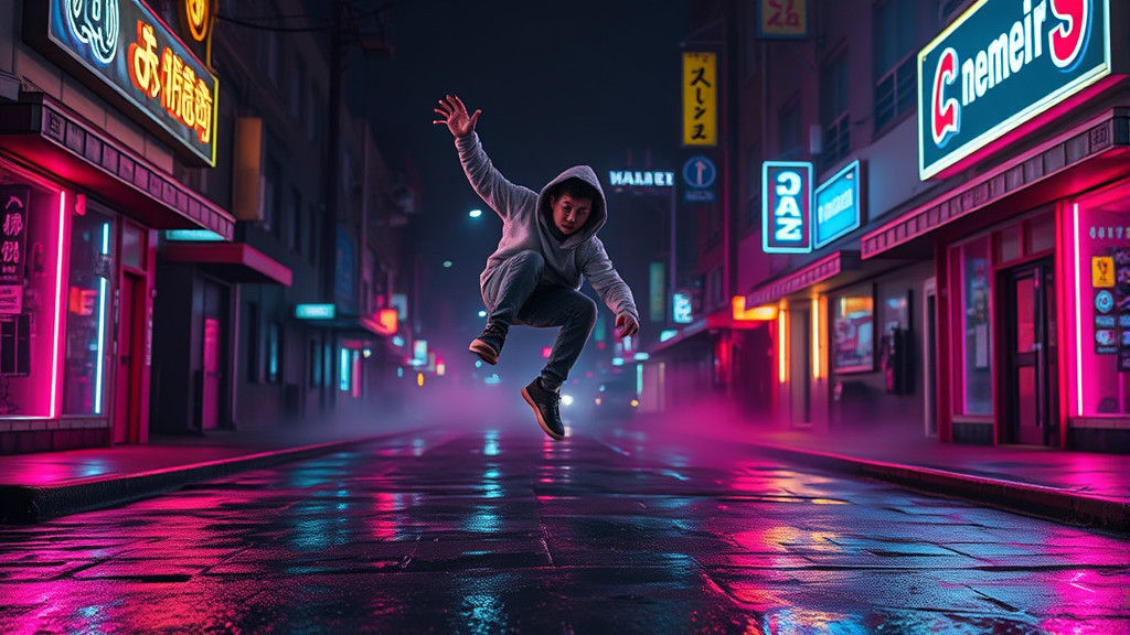Hyperrealistic Breakdancer in Neon Lit Street