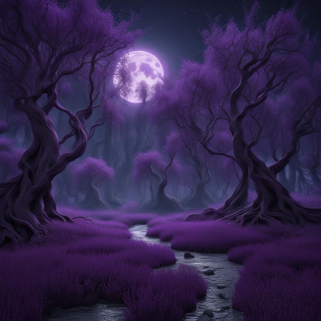 Enchanting Purple Moonlight Willow Forest in CGI Style