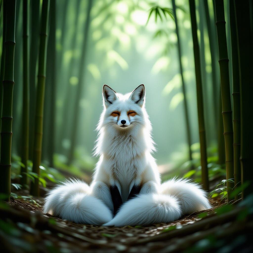 Ethereal White Fox Meditating in Bamboo Forest