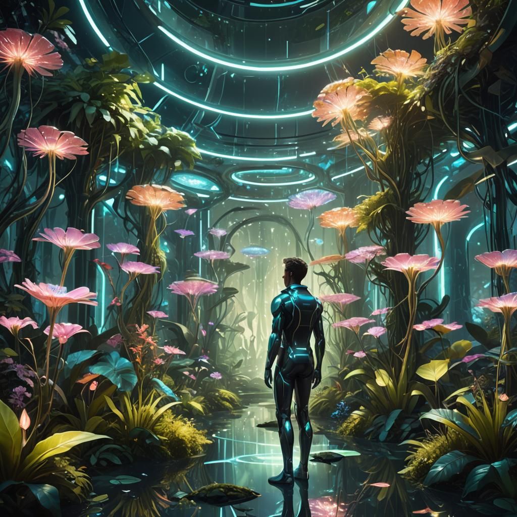 Lush Cyberpunk Garden with Bioluminescent Flora