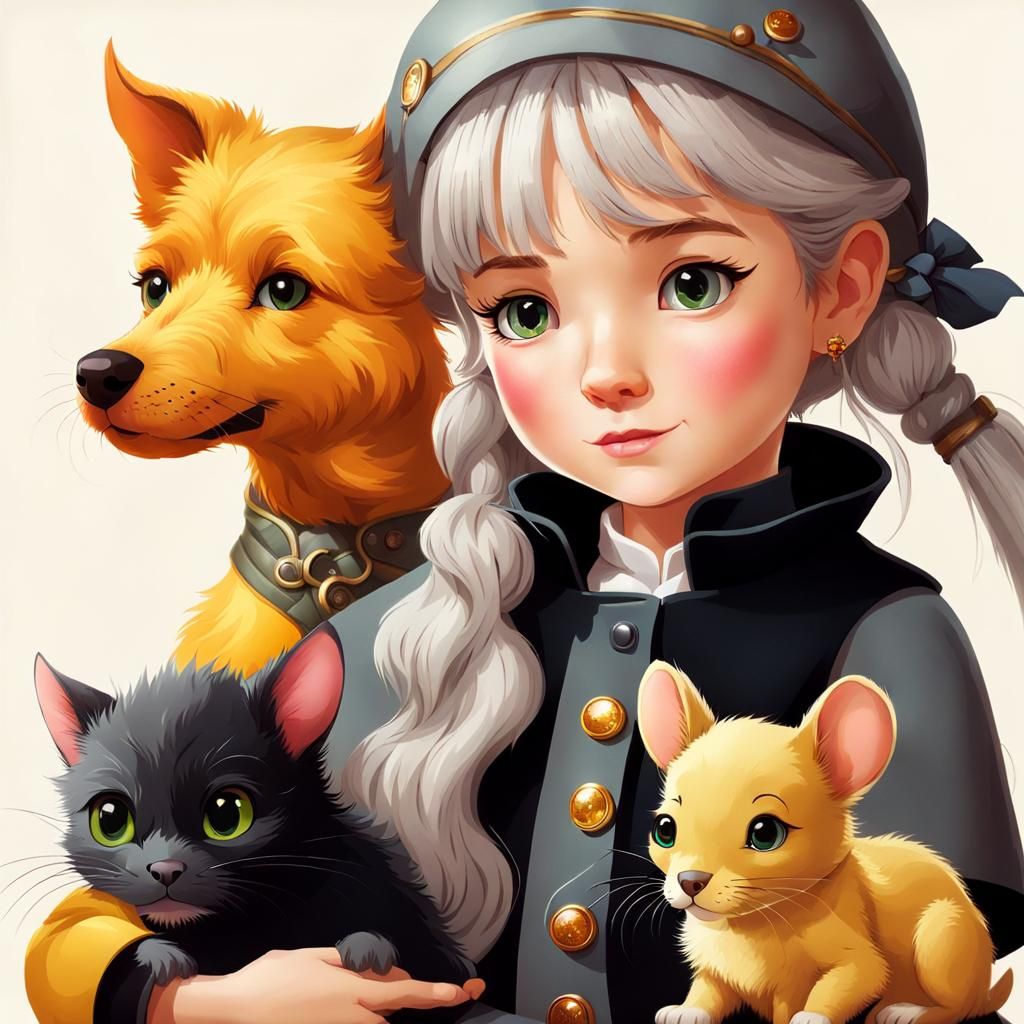 Girl with Kitten, Mouse, Dog and Dragon