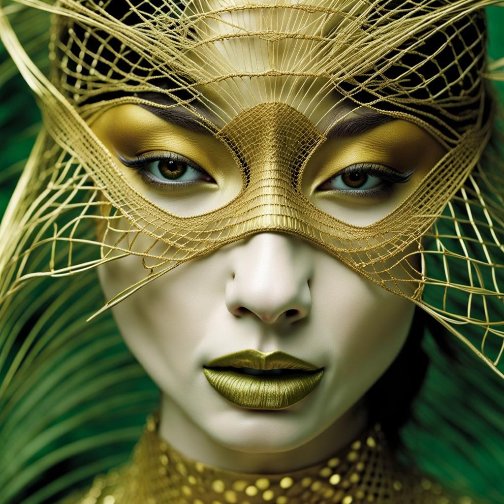 Golden Fishnet Mask: High Fashion Editorial in Jungle