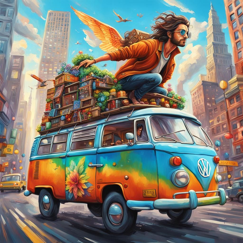 Hippie Rides Flying VW Bus Over NYC: Splash Art