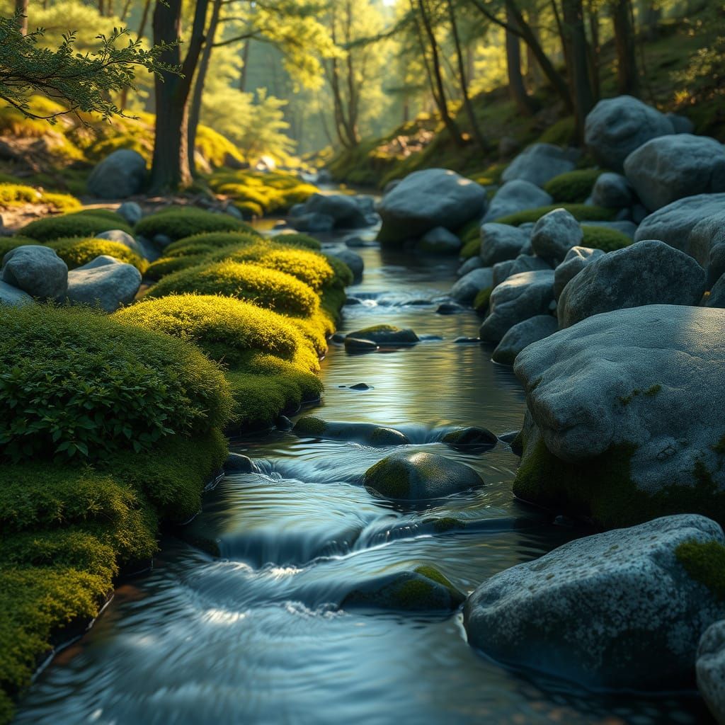 Surreal Landscape with Creek, Moss, and Ancient Stones in 3D...