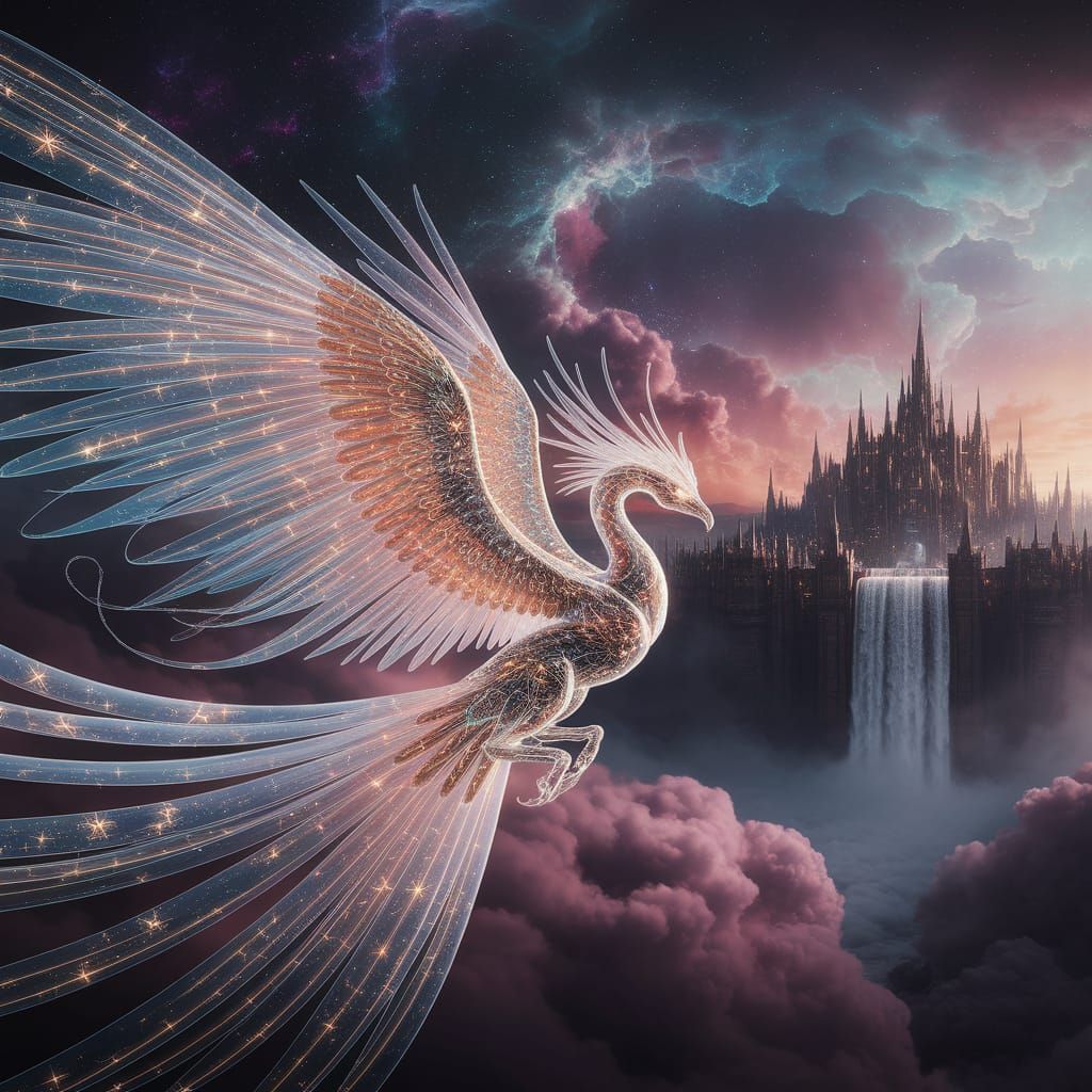 Majestic Aarakocra Soaring Through Nebula in Maximalist Styl...