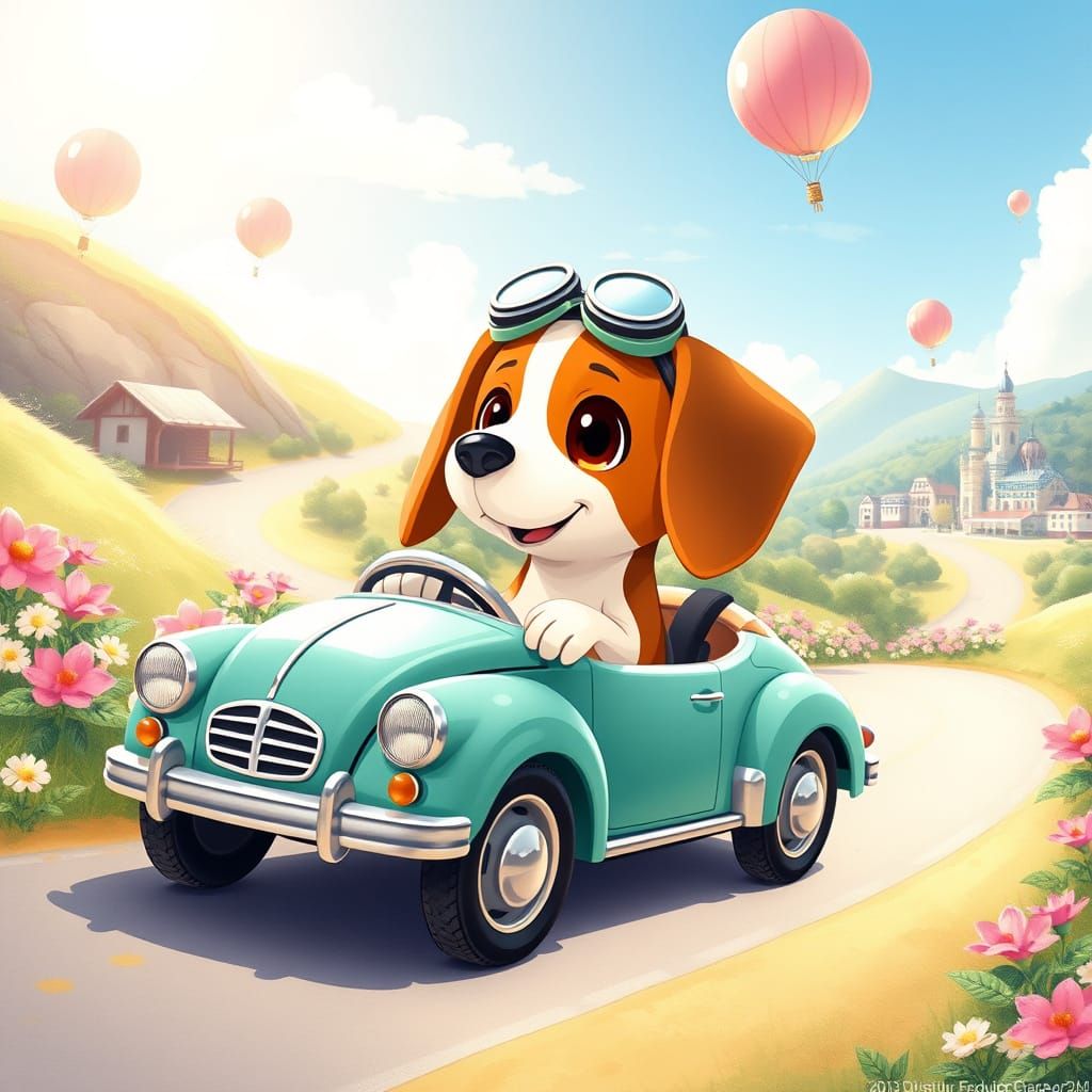 Whimsical Beagle Adventure in Vintage Car