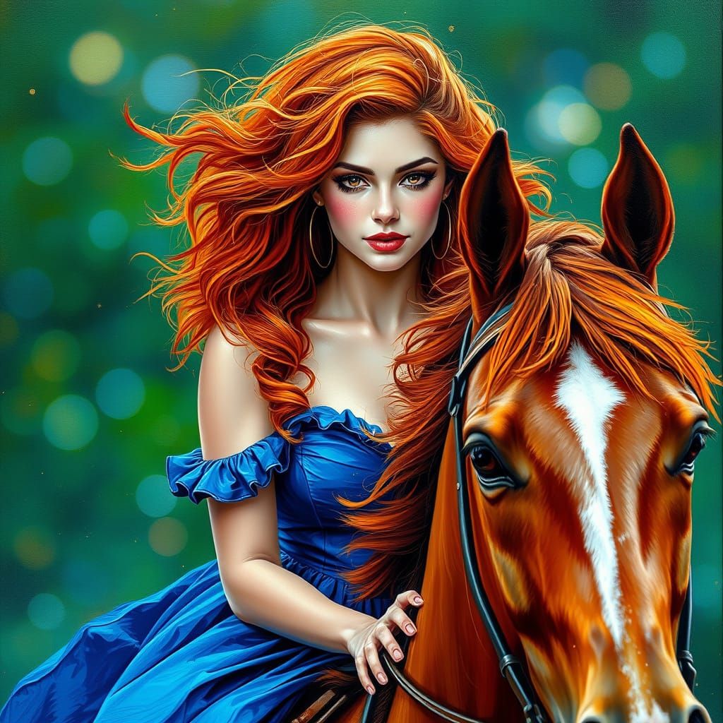 Surreal Oil Painting of Copper-Haired Woman on Majestic Hors...
