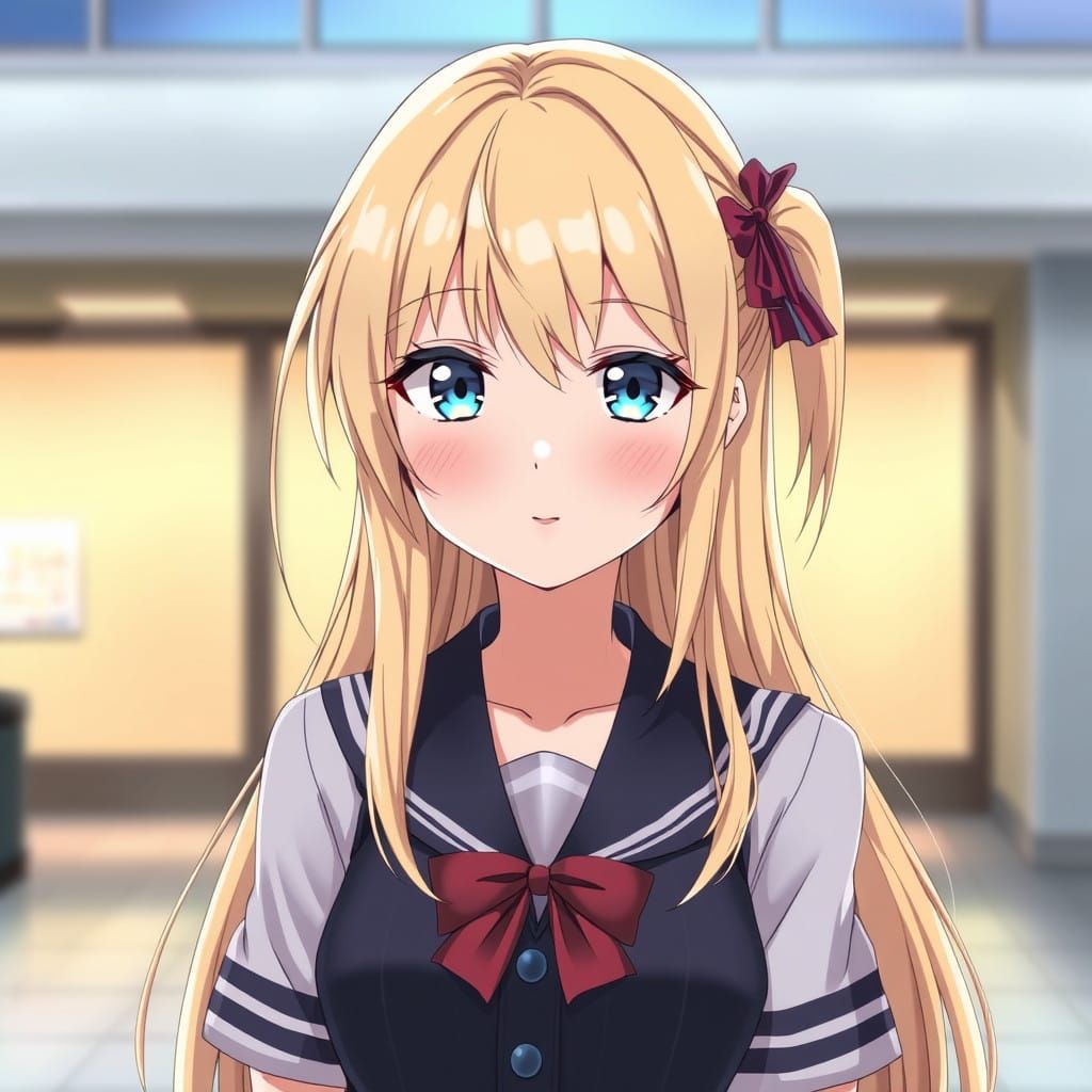 Anime School Girl with Blonde Hair and Blue Eyes