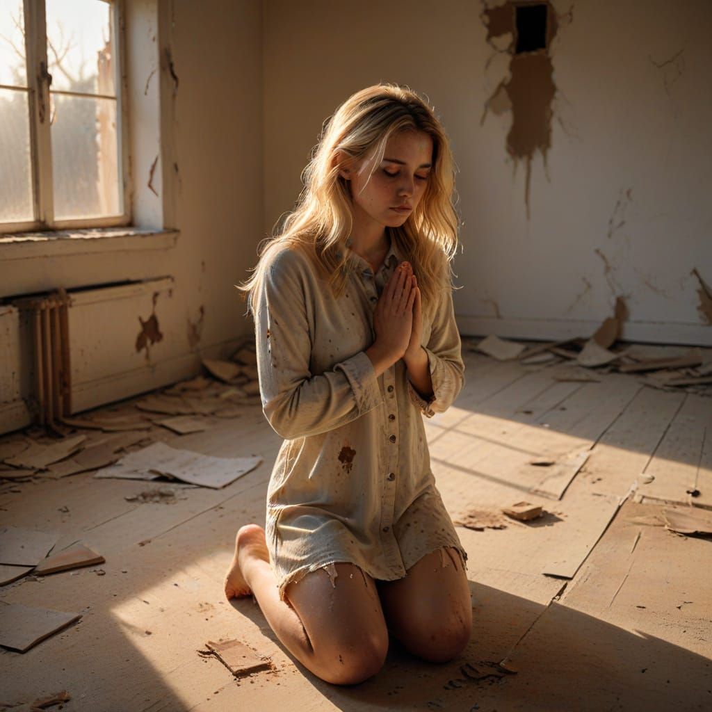 Young Woman Praying in Cozy Room at Golden Hour