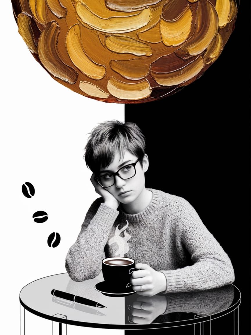 Black and White Stencil Art: Woman with Cappuccino