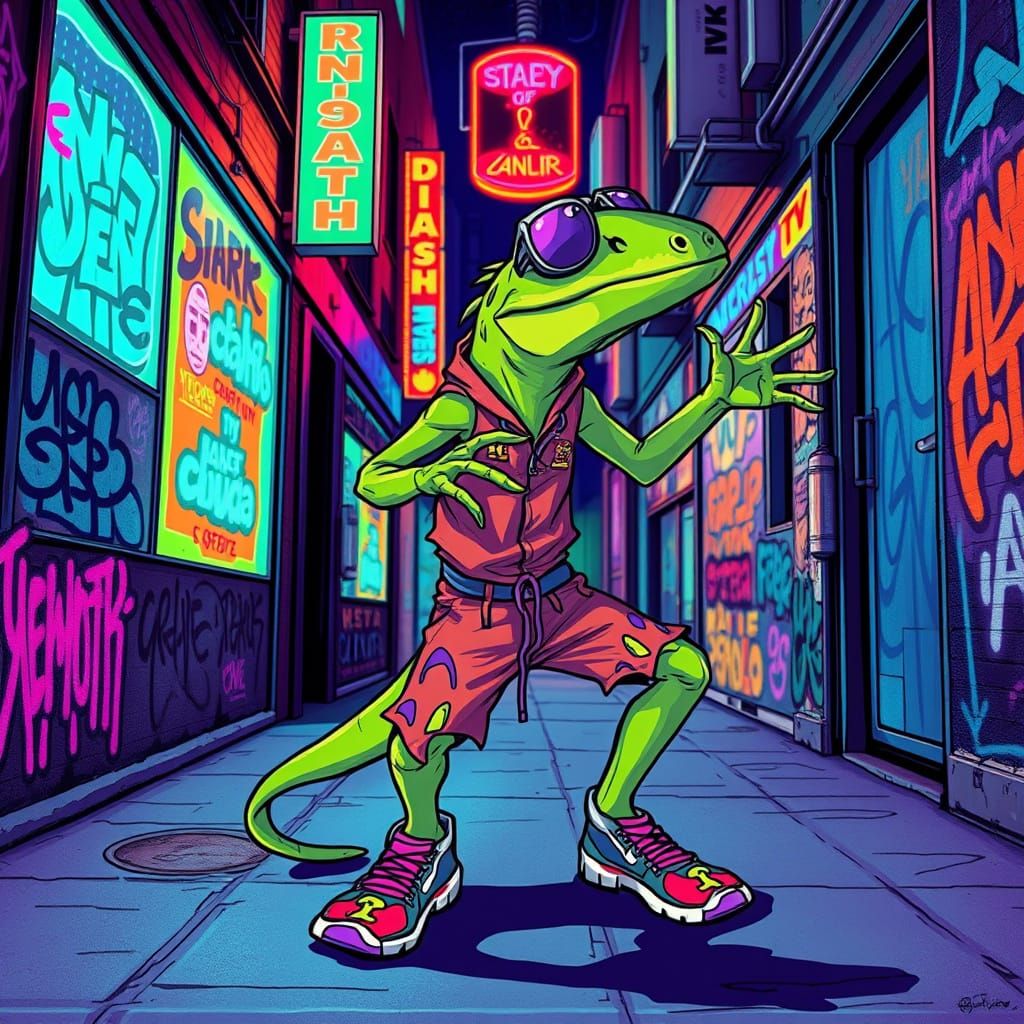Futuristic Lizard Breakdancing in Neon Alleyway