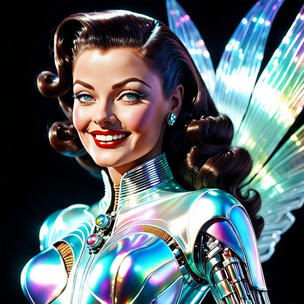 Iridescent Cyborg Lady with Silk, Retro-Futuristic Style