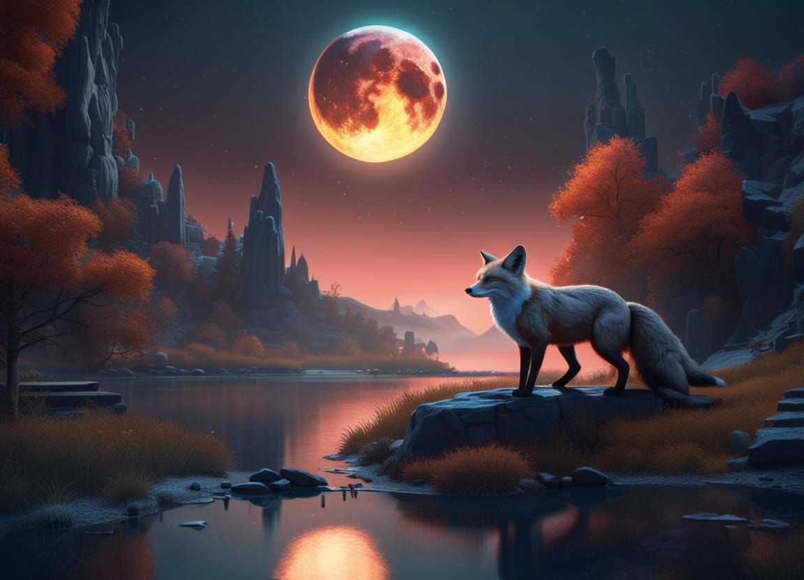 Fox and Moonlit Lake: Detailed Fantasy Art