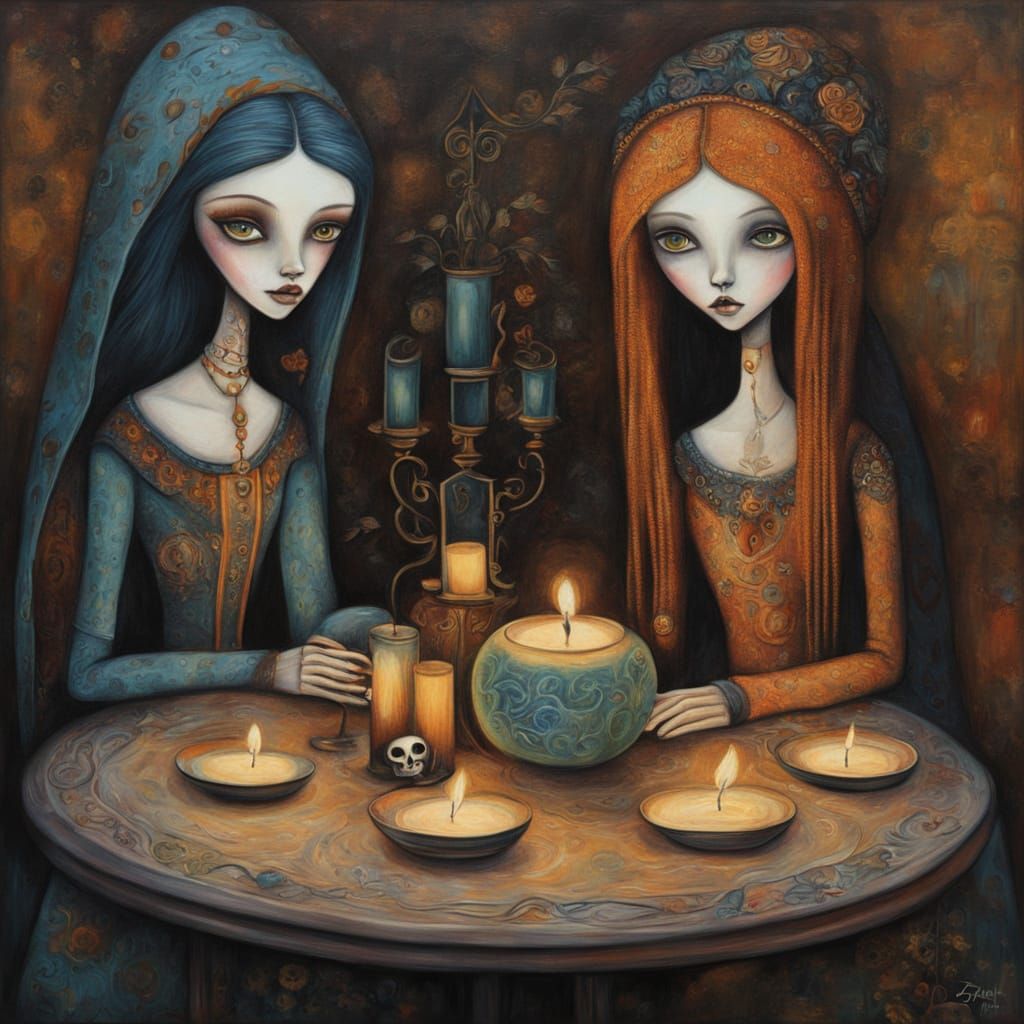 Vibrant Folk Art Portraits of Three Teenage Witches