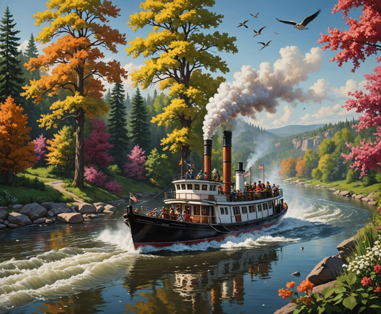 Hyperrealistic Steamboat on River with Birds