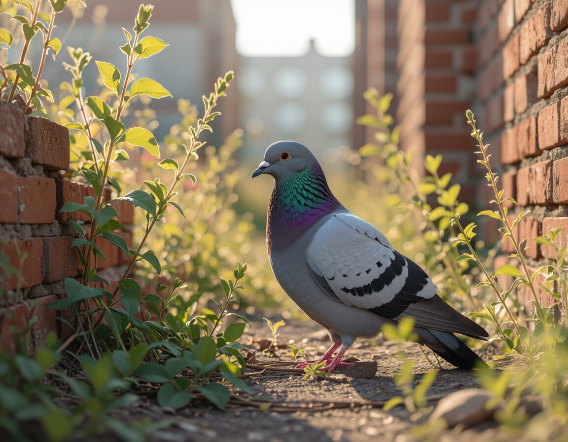 Stoic Pigeon in Urban Decay, Photorealistic