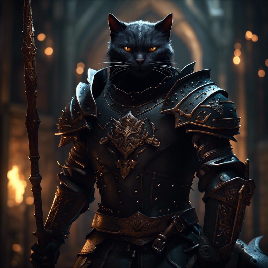 Medieval Black Cat Warrior in Dark Fantasy Style