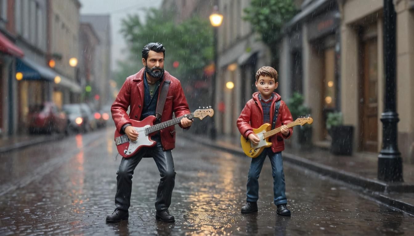 Gloomy Christmas Diorama of Toy Man Playing Guitar
