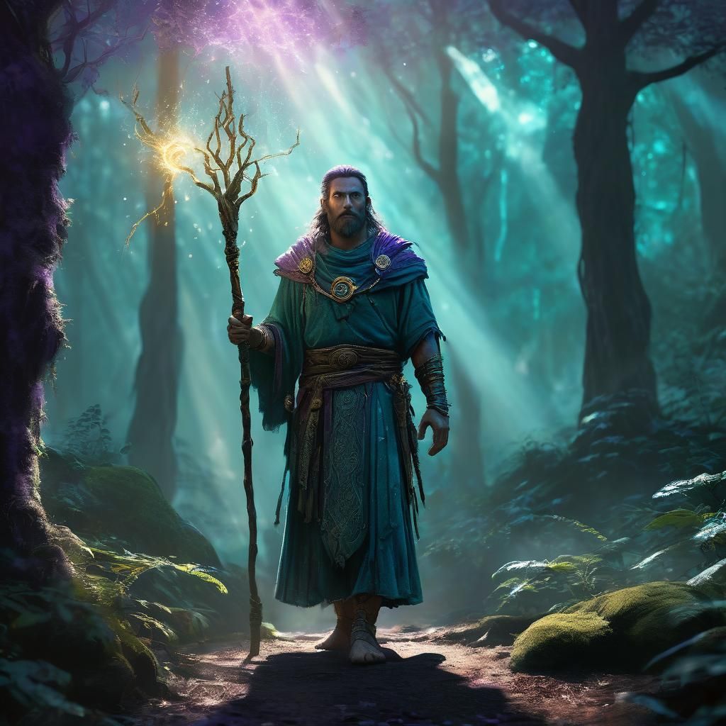 Mystical Forest Portrait with Glowing Staff