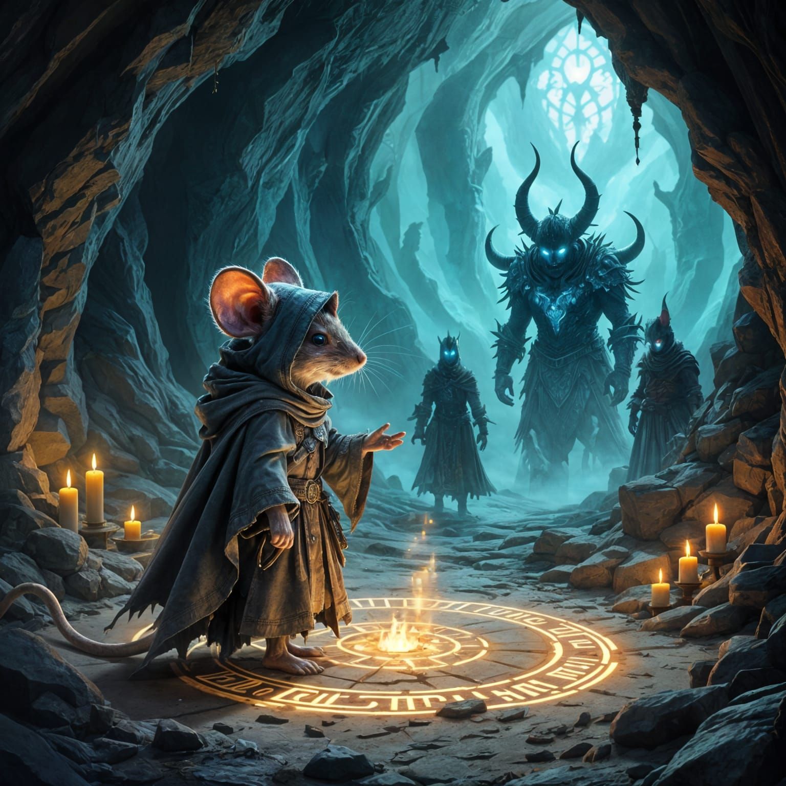 Mouse Summoning Shadows in Magic Circle, Fantasy Art