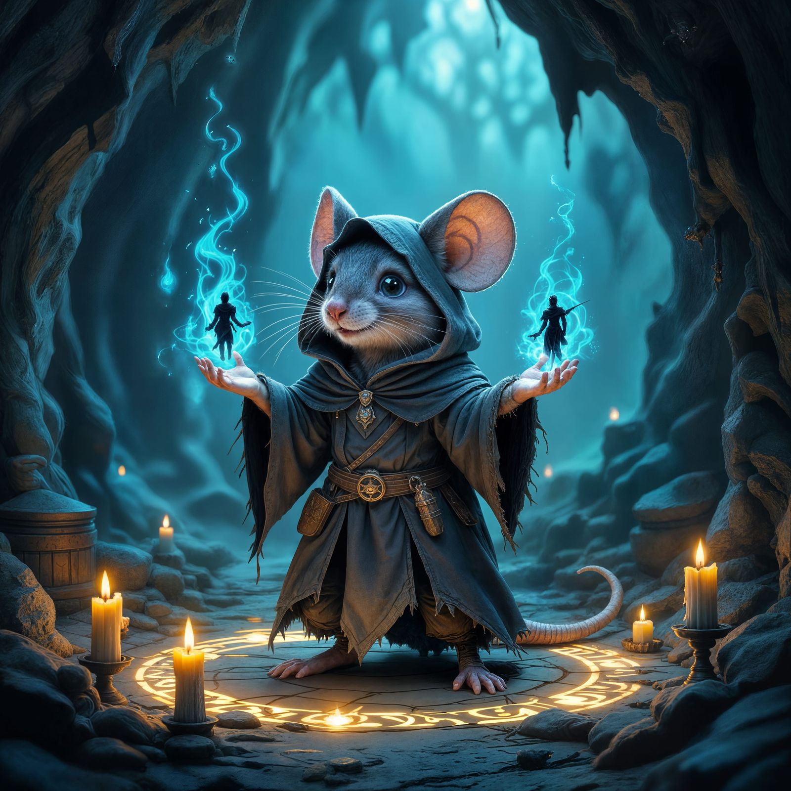 Anthropomorphic Mouse Summons Shadows in Magic Circle