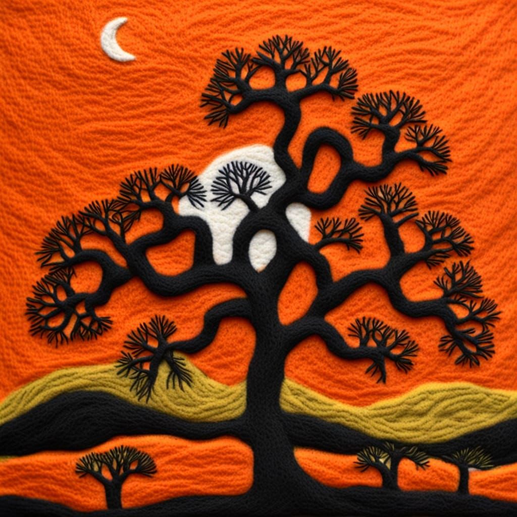 Vibrant African Felted Landscape with Orange Baobab Tree