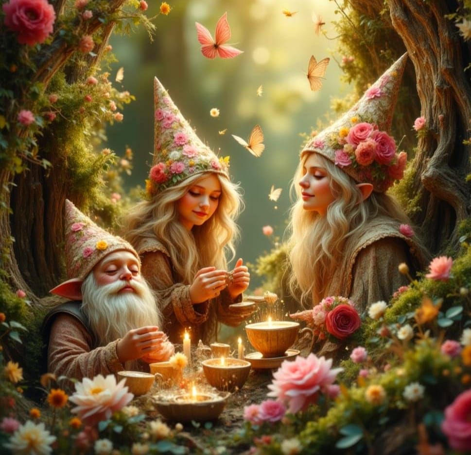 Gnomes' Tea Party in Dreamy Impasto Forest