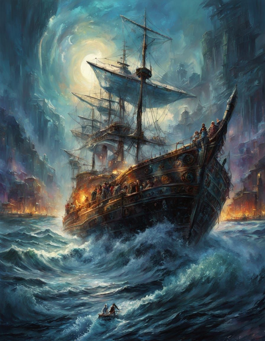 Epic Kraken Battles Fishermen's Boat in a Cosmic Dark Fantas...