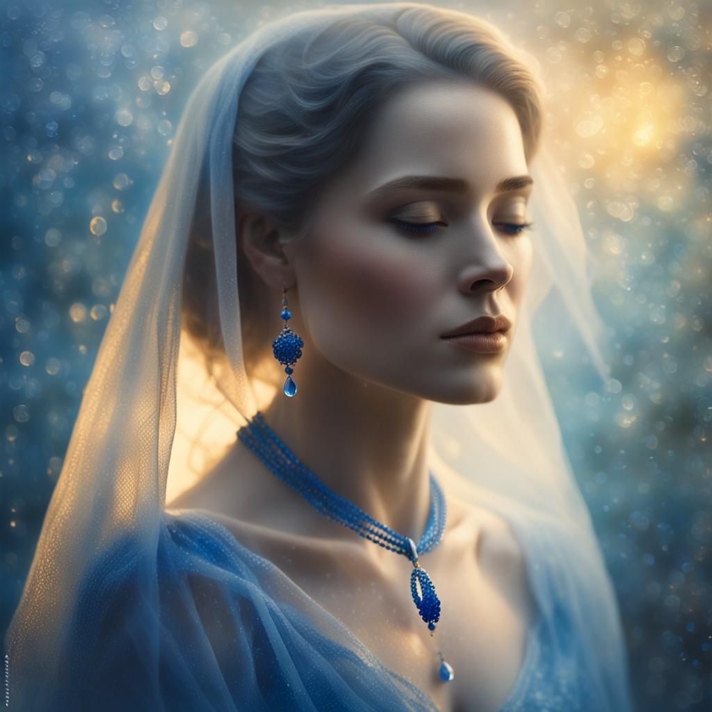 Ethereal Woman in Mist with Sapphire Necklace