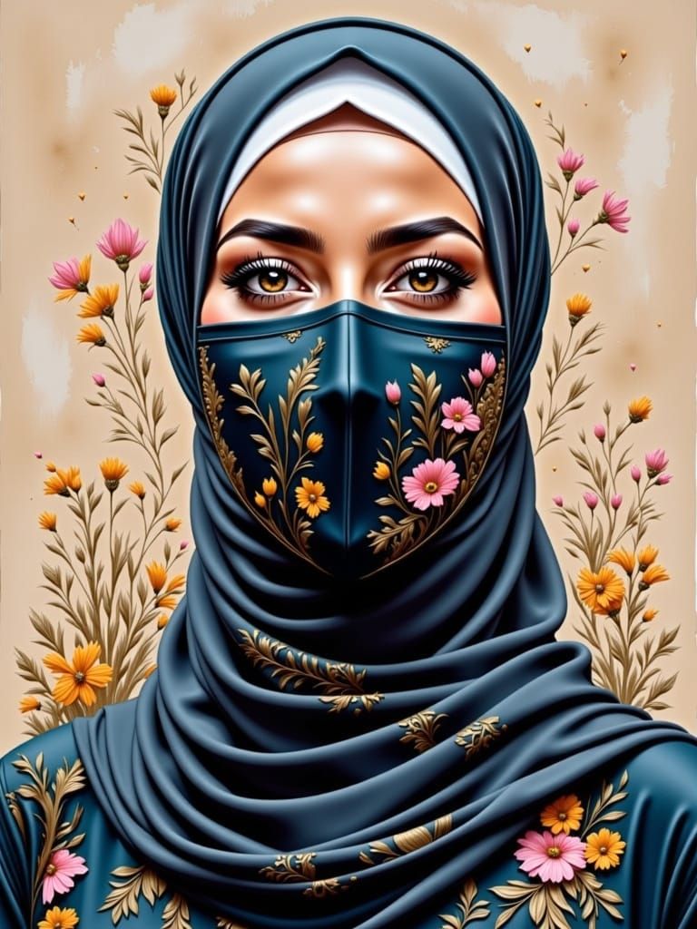 Beautiful Student with Hijab in Oil-Gouache Portrait